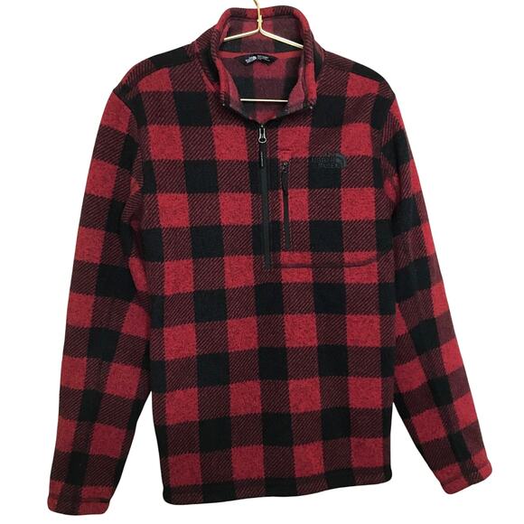 The North Face Red Black Buffalo Check 1/4 Zip Fleece Pullover Mens M - Picture 1 of 9